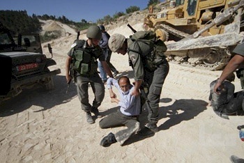 الجيش الإسرائيلي يعتقل د. مازن قمصية أثناء مشاركته في فعاليات مناهضة الجدار العنصري، بيت لحم 2010 (تصوير: معاً)