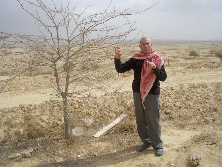 Nuri el-Uqbi , by acacia tree planted bu the JNF on his ancestral land in the villige of El-Araqib